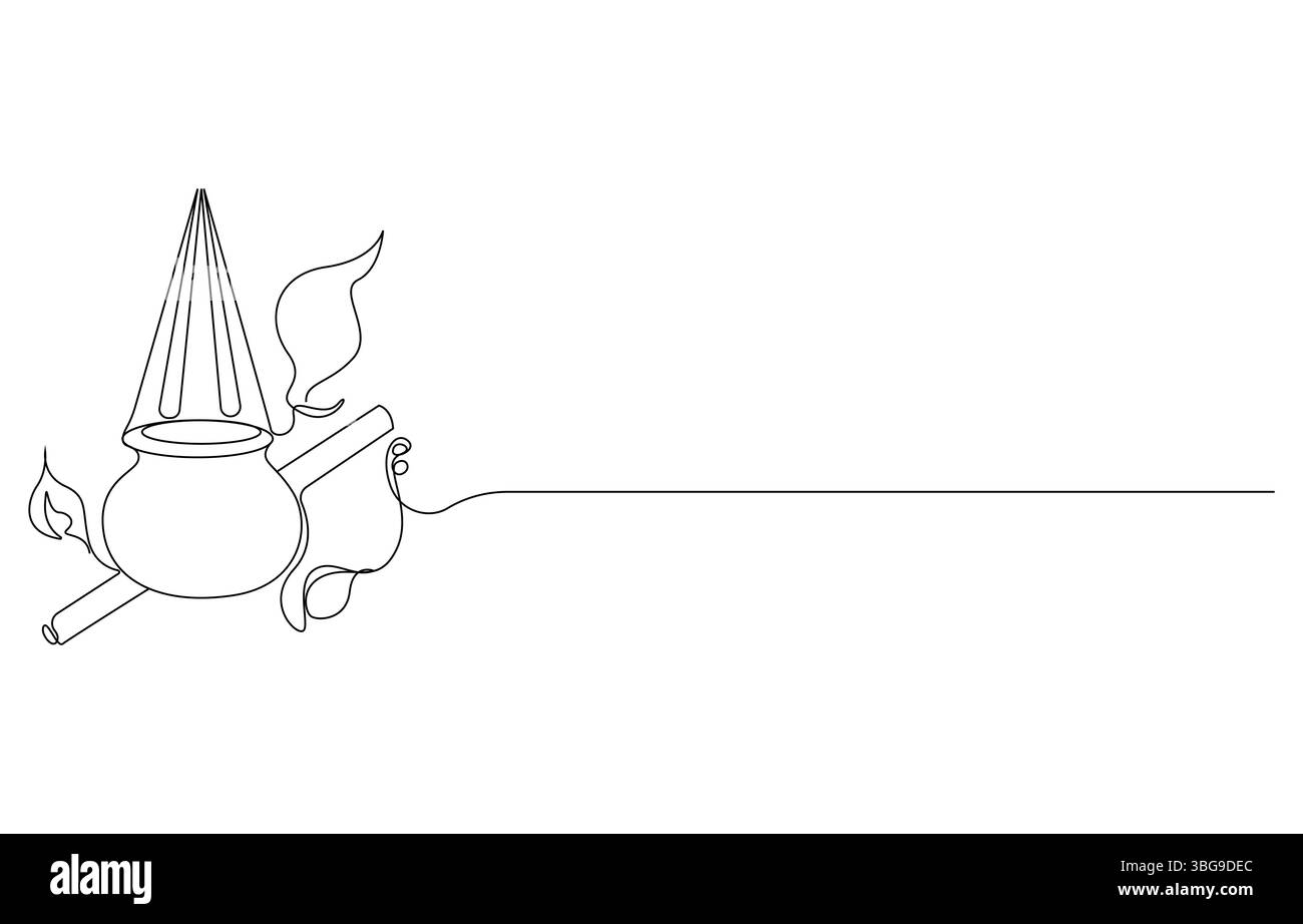 Happy Janmashtami Festival Line Art, disegno continuo di un bruciatore a incenso con fumo, arte minimalista di ceramica e una colomba Illustrazione Vettoriale