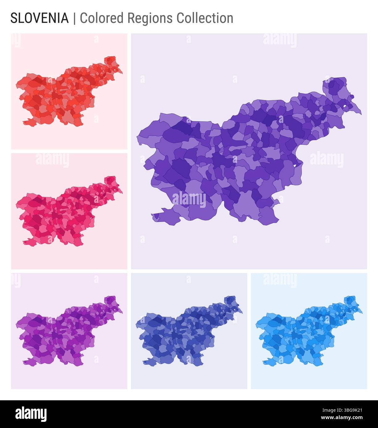 Collezione di mappe della Slovenia. Forma del paese con regioni colorate. Viola intenso, rosso, rosa, viola, indaco, tavolozze di colore blu. Illustrazione Vettoriale