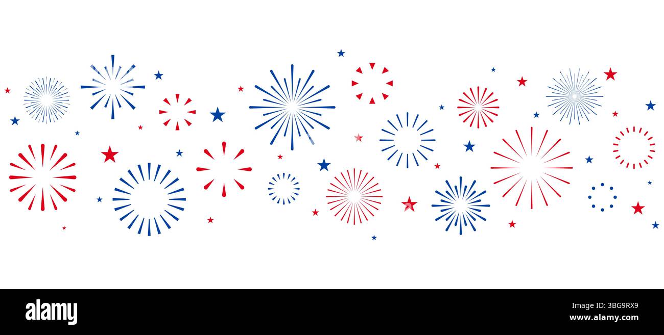 Confine con i fuochi d'artificio del giorno dell'indipendenza degli Stati Uniti, striscione del 4 luglio con fuochi d'artificio rossi e blu e stelle su sfondo bianco, Festa della Bastiglia o Labo Illustrazione Vettoriale