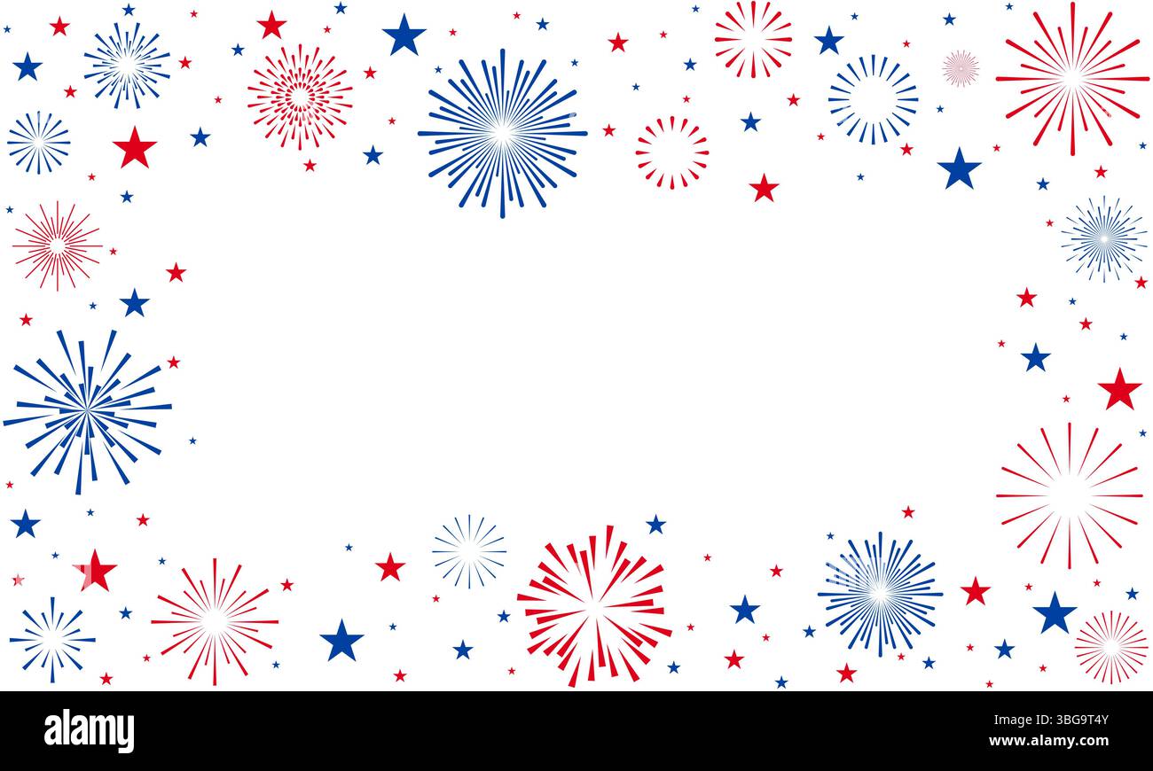 Sfondo del 4 luglio, cornice dei fuochi d'artificio blu e rosso con spazio per copiare il testo, confine USA Independence Day con fuochi d'artificio e stelle, backgro del Labor Day Illustrazione Vettoriale