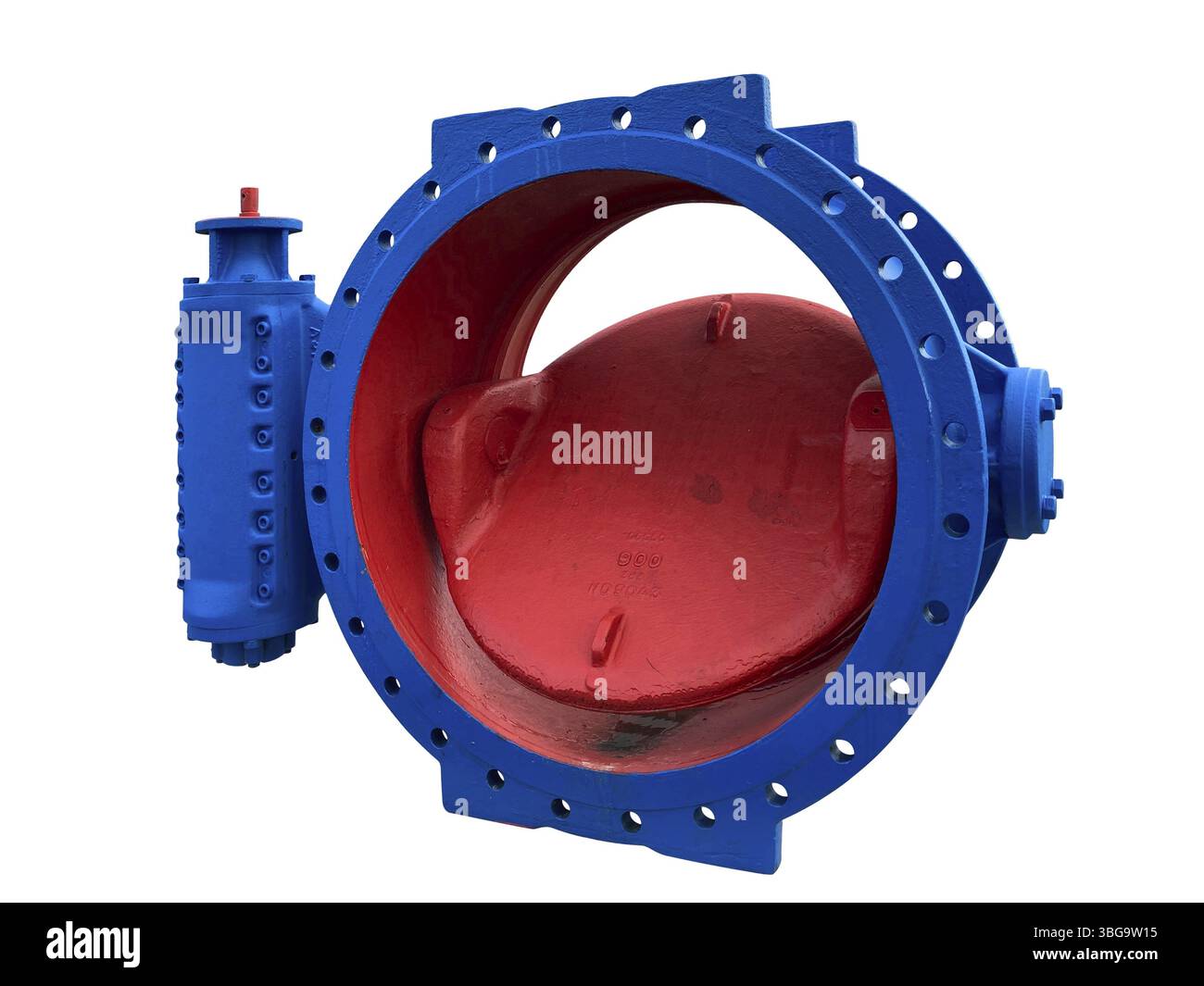 Vista a tre quarti di un nuovo deflettore tubo blu dalla struttura della rete di tubi dell'acqua con dimensioni di 1000 mm isolato su bianco Foto Stock