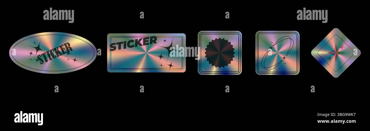 Adesivi olografici di diverse forme, ologrammi forme geometriche adesivi etichette per il design, illustrazione vettoriale Illustrazione Vettoriale
