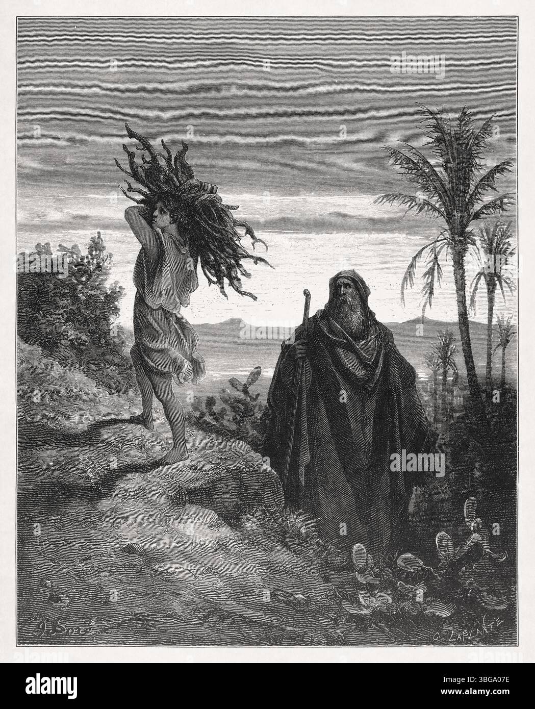Incisione di Gustave Doré che rappresenta la prova della fede di Abramo. Foto Stock
