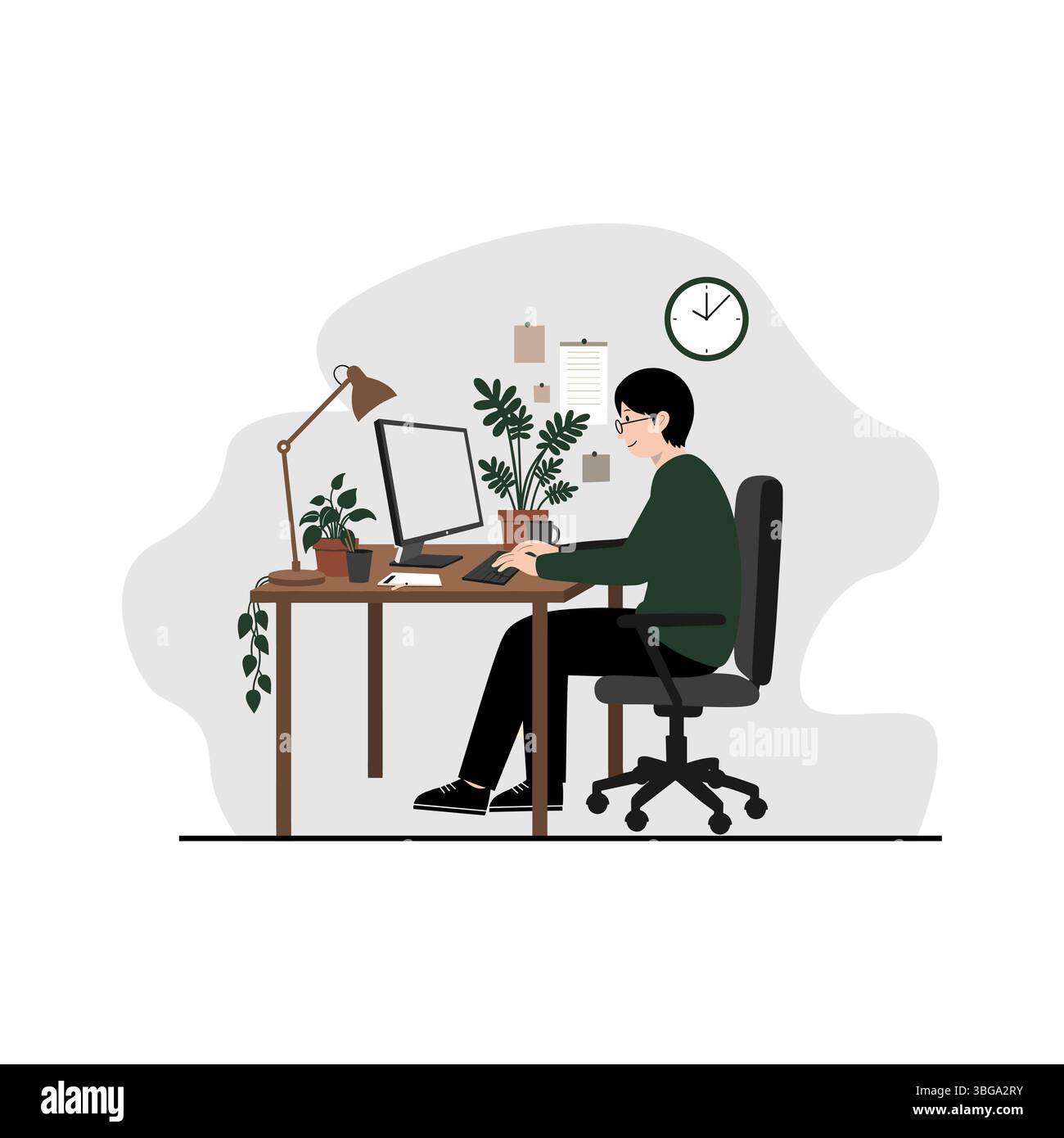 Immagine che mostra il funzionamento a casa in stile piatto vettoriale. Carriera online. Illustrazione dello spazio di coworking Illustrazione Vettoriale