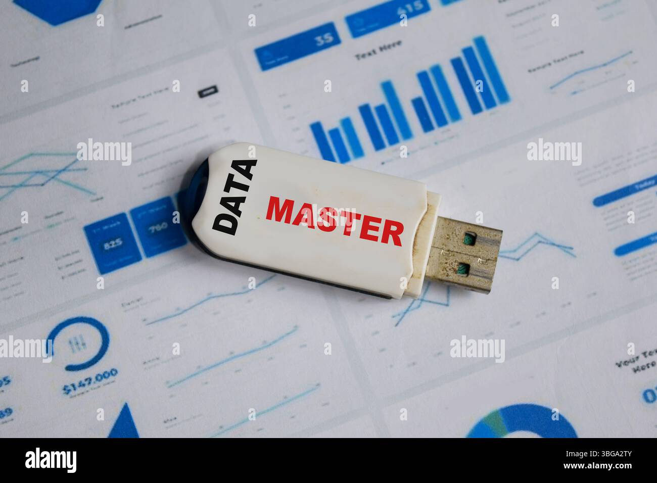 Unità USB con dati master di testo e modulo fiscale. Business e finanza Foto Stock