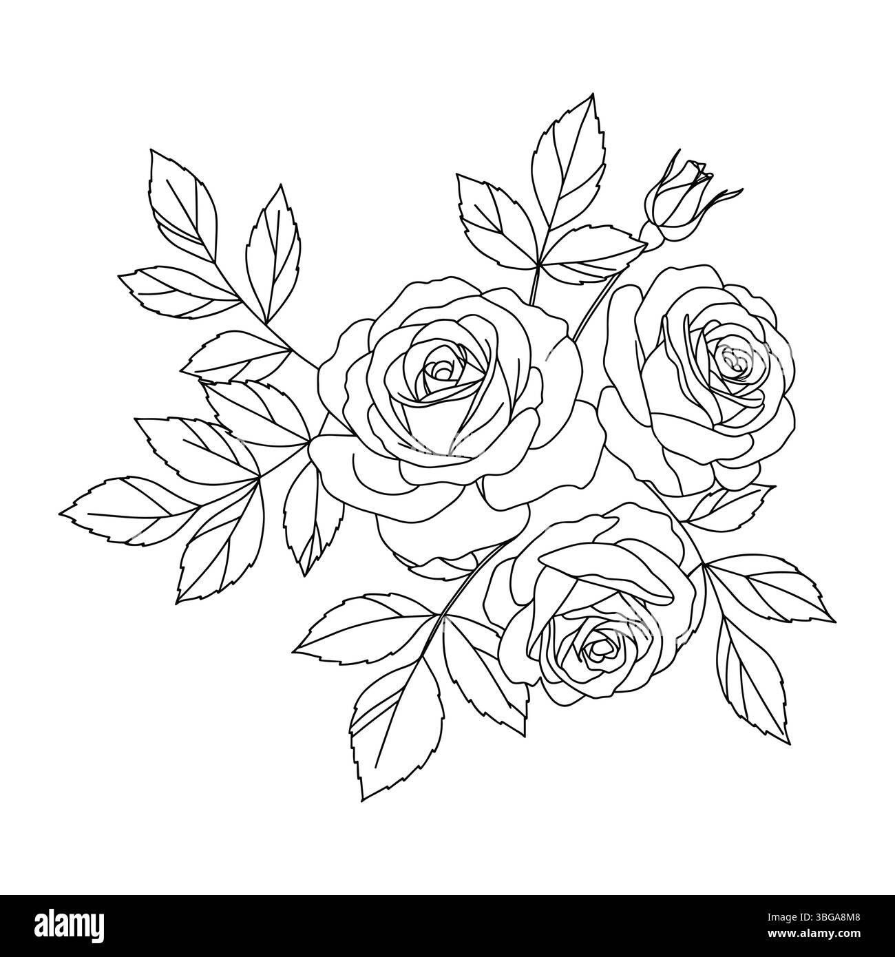 Fiori di rosa, gemme, foglie e rami dallo stile minimalista. Elementi decorativi per tatuaggi, loghi ed emblemi. Collezione di vettori piatti Cartoon Illustrazione Vettoriale