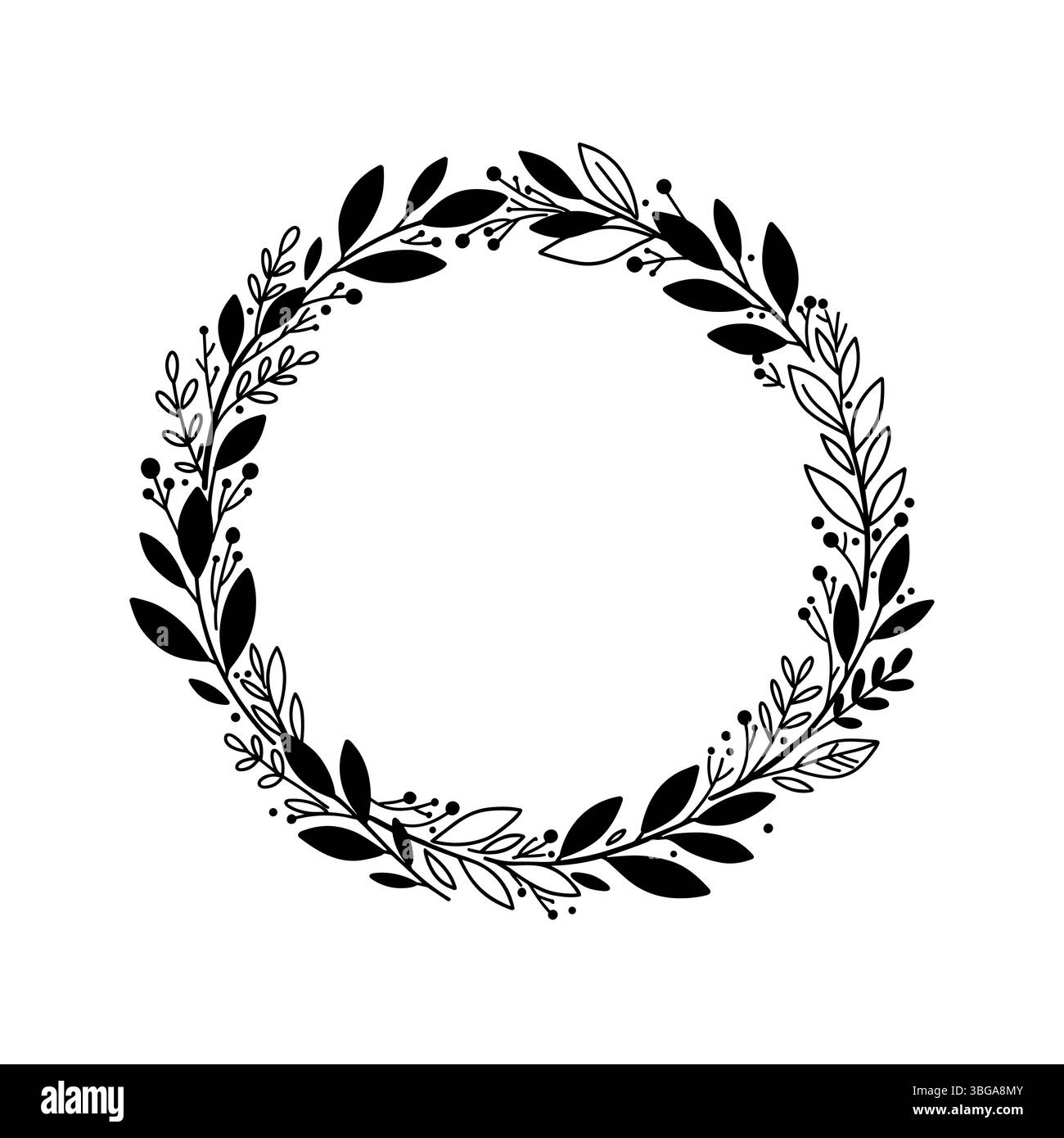 Cornice circolare minimale realizzata con foglie e ramoscelli neri, stile disegnato a mano su sfondo bianco. Cornici per modelli, decorazioni per matrimoni, logo e identità. Illustrazione Vettoriale