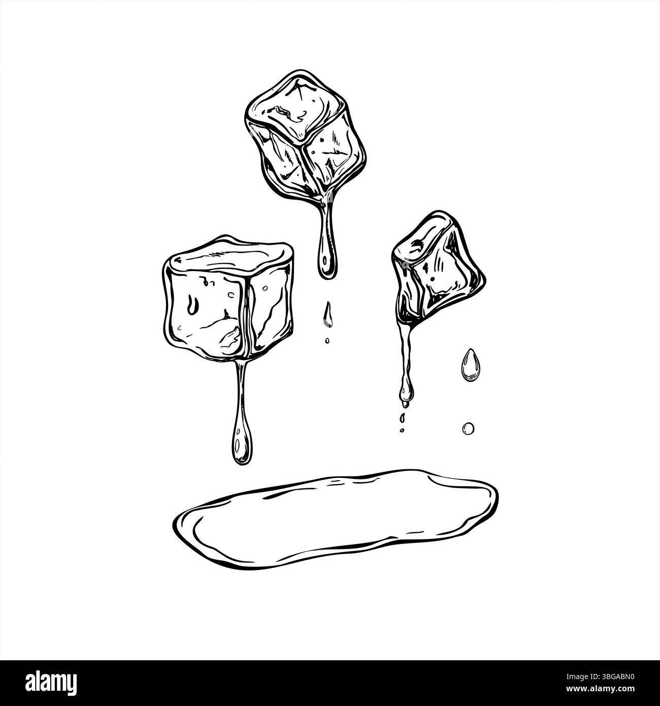 Cubo di ghiaccio monocromatico con gocce che cadono e illustrazione del vettore di pozzanghere d'acqua. Mattone congelatore in cristallo in bianco e nero liquido trasparente. Illustrazione Vettoriale