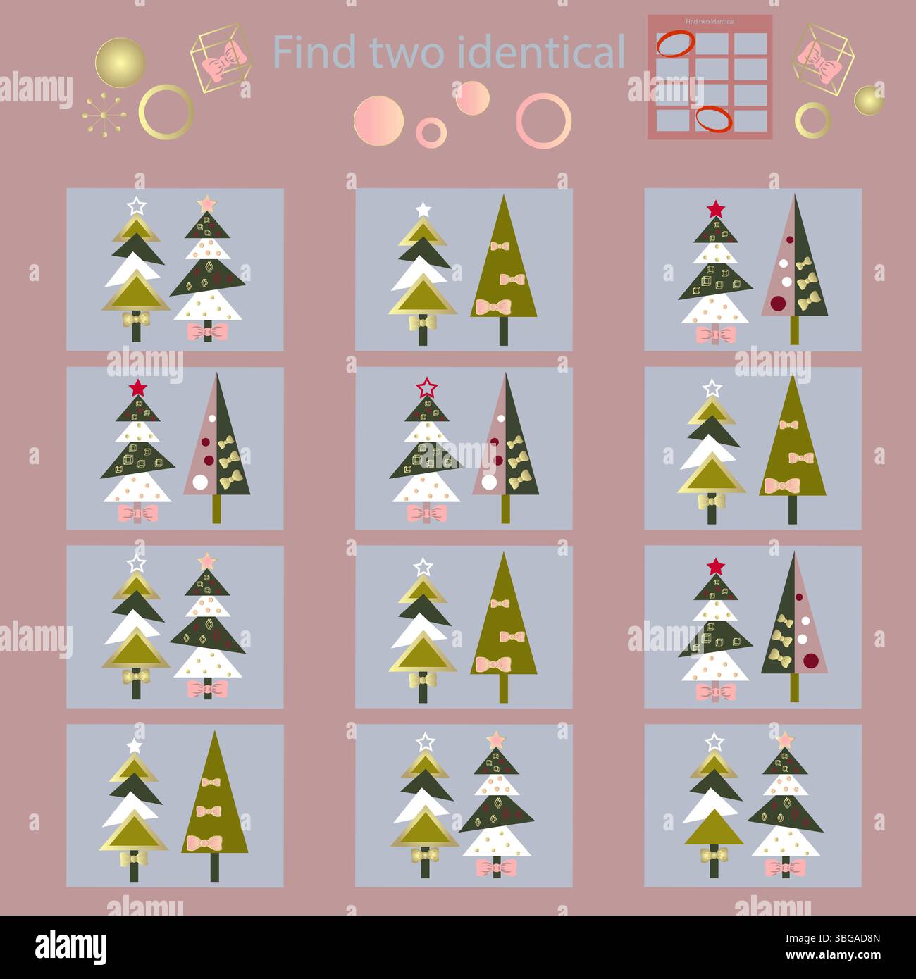 Nel gioco puzzle per bambini per i bambini sotto i 7 anni gli alberi di Natale trovano 2 immagini identiche. Illustrazione Vettoriale