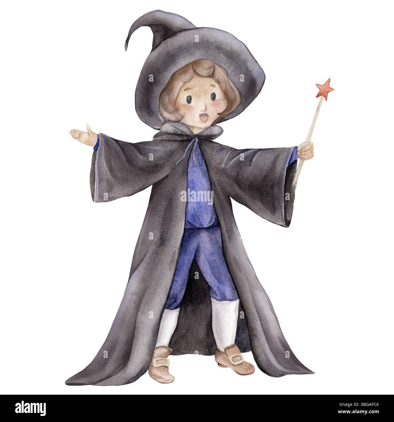 Simpatico mago in un cappello nero e mantello con bacchetta magica, perfetto per Halloween. Illustrazione fantasy disegnata a mano di un affascinante personaggio magico Foto Stock