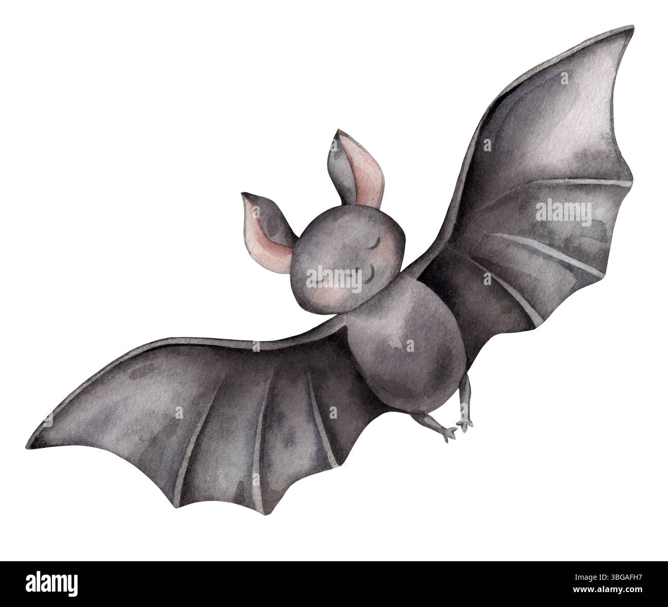Illustrazione ad acquerello disegnata a mano di un simpatico pipistrello nero per Halloween. Pipistrello accogliente e affascinante con grandi occhi, perfetto per le decorazioni dei bambini, festoso Foto Stock