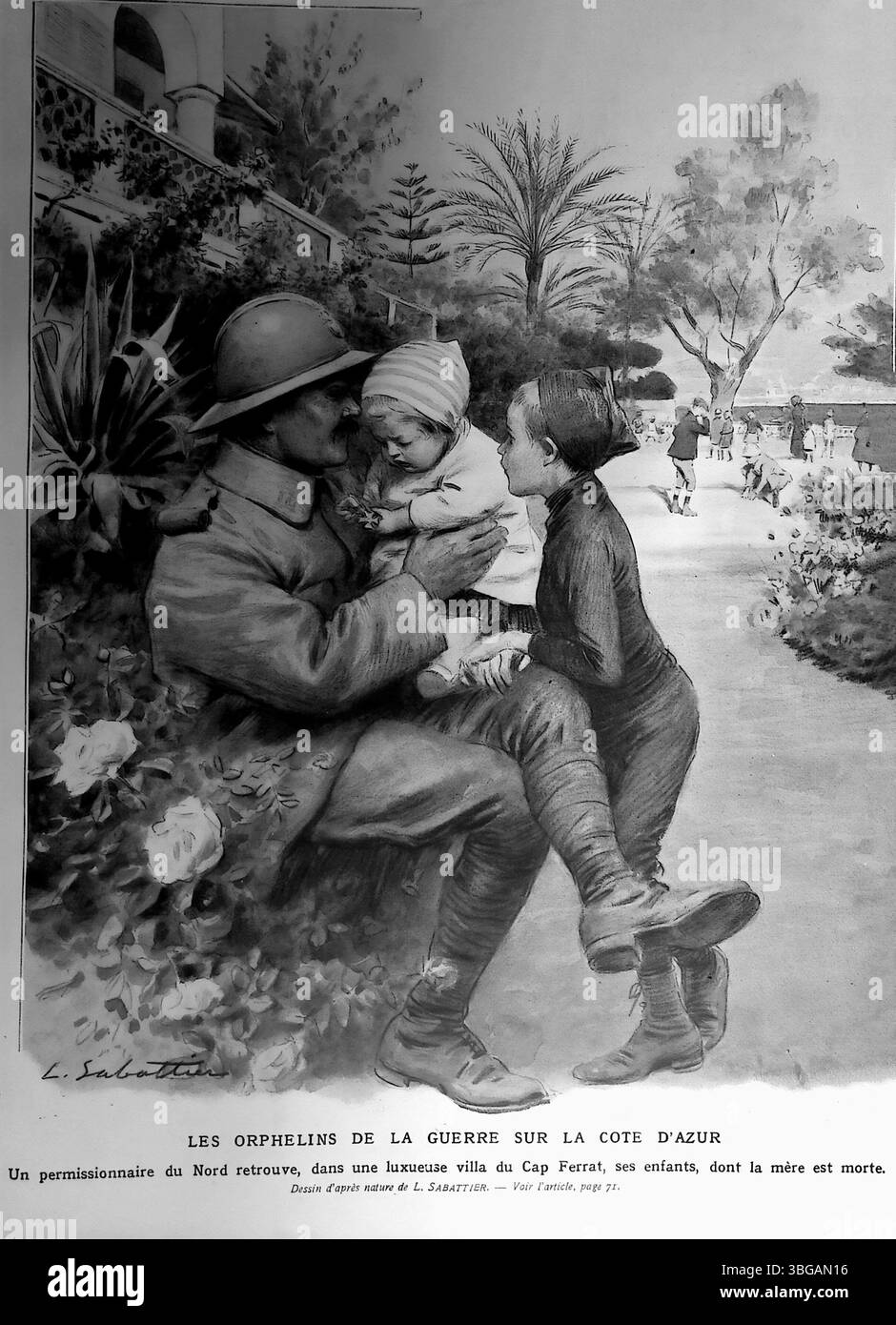 Emotional WWI-era illustrazione da l'Illustration, datata 22 gennaio 1916. Un soldato francese in congedo abbraccia i suoi figli orfani in una villa sulla Côte Azzurra, la loro madre ha perso in guerra. Disegnata da L. Sabattier, la scena evidenzia il costo umano dei conflitti e delle riunioni familiari in tempo di guerra. Foto Stock