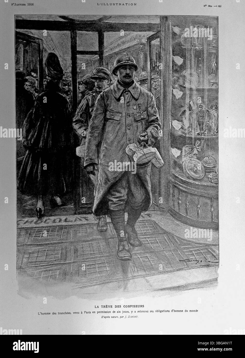 Illustrazione dell'era della prima Guerra Mondiale dal numero dell'8 gennaio 1916 di *l'Illustration*, intitolato *la Trêve des Confiseurs*. Un soldato francese in partenza per sei giorni dalle trincee esce da una cioccolateria di Parigi, mescolando il dovere di guerra con la vita civile. Opera di J. Simont. Foto Stock