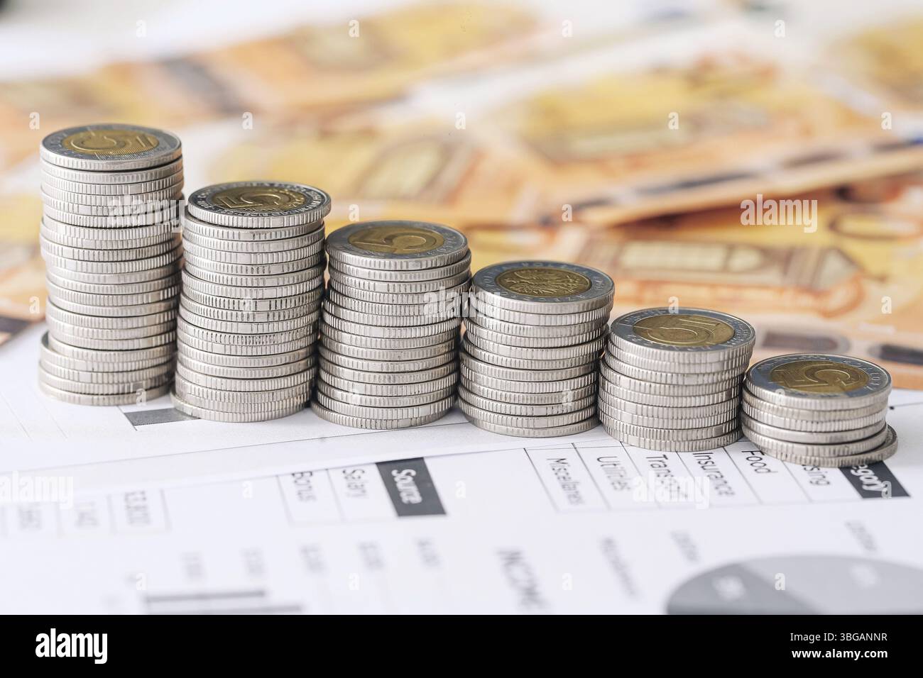 Polacche cinque monete zloty impilate. Banconote in euro come sfondo. Risparmio di denaro e controllo del budget. Simbolo del tasso di cambio. Visione della crisi economica. Foto Stock