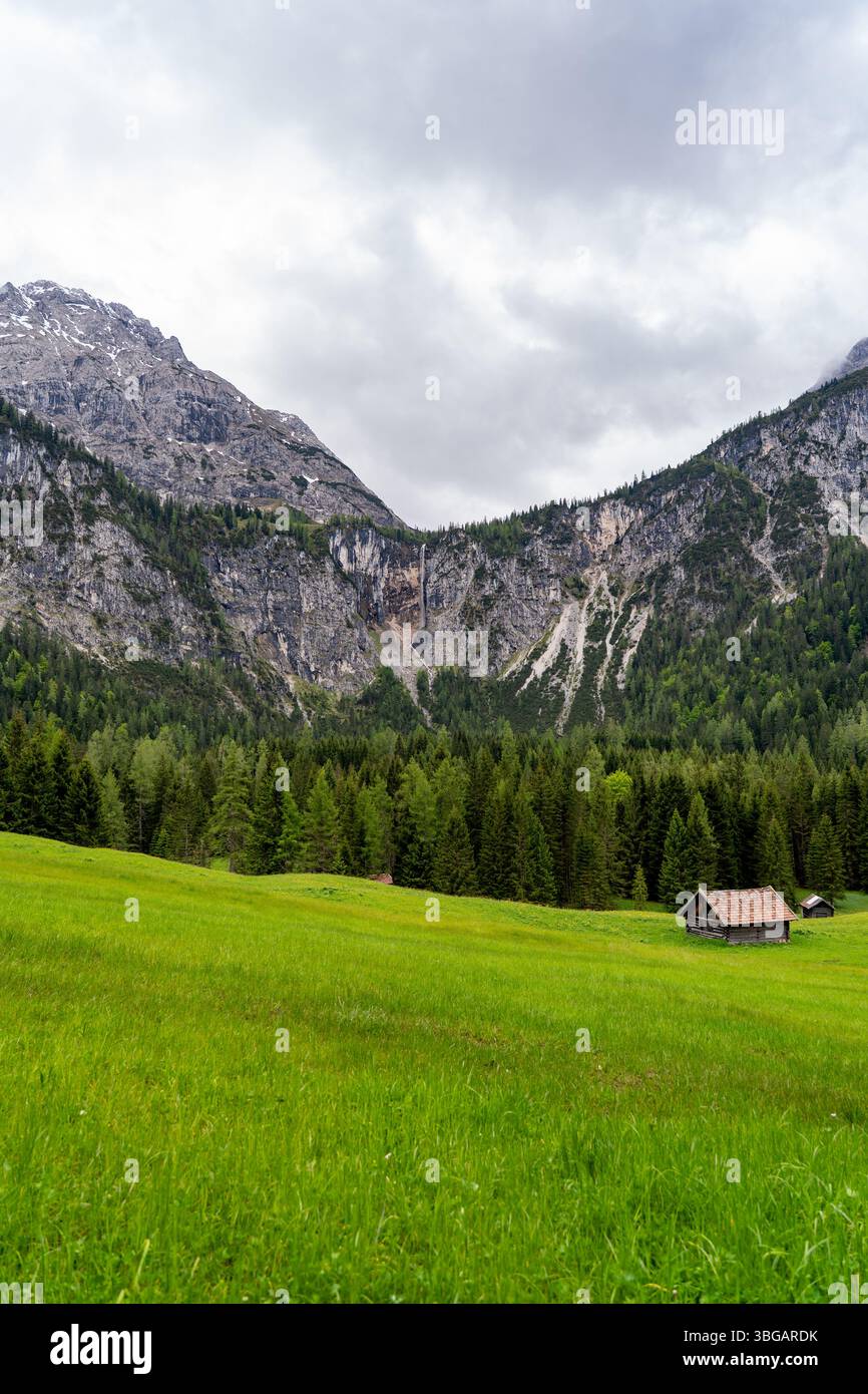 Prato alpino con cabine e sfondo di montagna vicino a Ehrwald, Tirolo, Austria Foto Stock