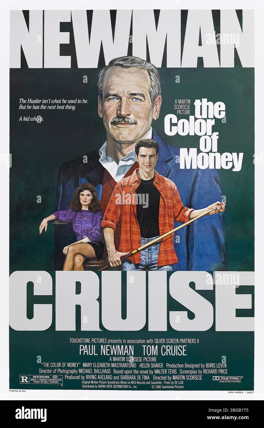 The Color of Money (1986) diretto da Martin Scorsese e interpretato da Paul Newman, Tom Cruise e Mary Elizabeth Mastrantonio. Un appassionato di biliardo guida un giovane protetto di talento in viaggio per un torneo a puntate elevate, rischiando tutto per la riscatto. Fotografia di un poster originale di un foglio degli Stati Uniti con opere d'arte di Robert Tanenbaum SOLO PER USO EDITORIALE. Credito: BFA / Buena Vista Distribution Foto Stock