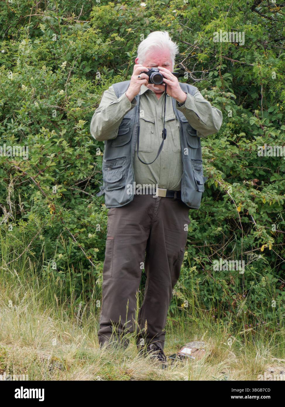 Uomo anziano che fotografa la natura con una macchina fotografica in un paesaggio di campagna, Yonne, Francia. Foto Stock
