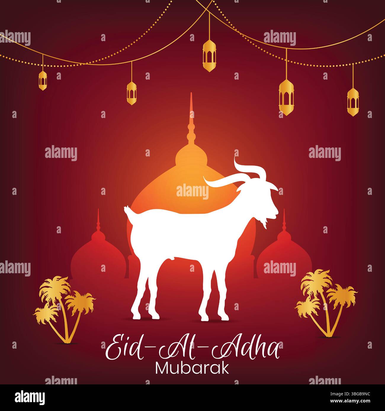 Poster EID al Adha, uno striscione per festeggiare il festival musulmano, arte di capra e moschea Illustrazione Vettoriale