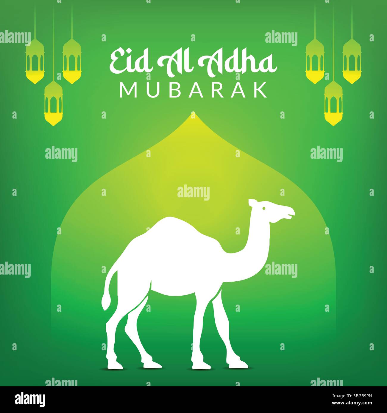 EID al Adha mubarak, uno striscione musulmano, un cammello, un festival islamico sfondo verde Illustrazione Vettoriale