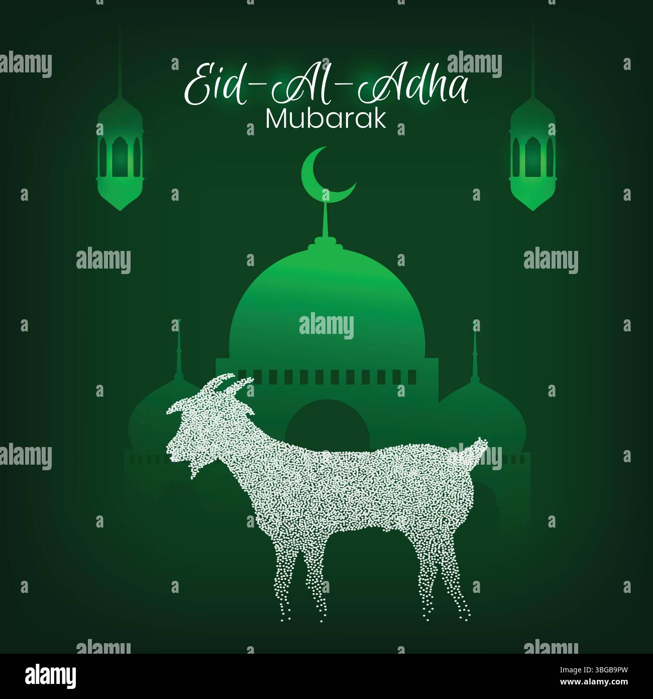 EID al Adha mubarak, uno striscione musulmano del festival, una capra e una moschea, sfondo del festival musulmano Illustrazione Vettoriale