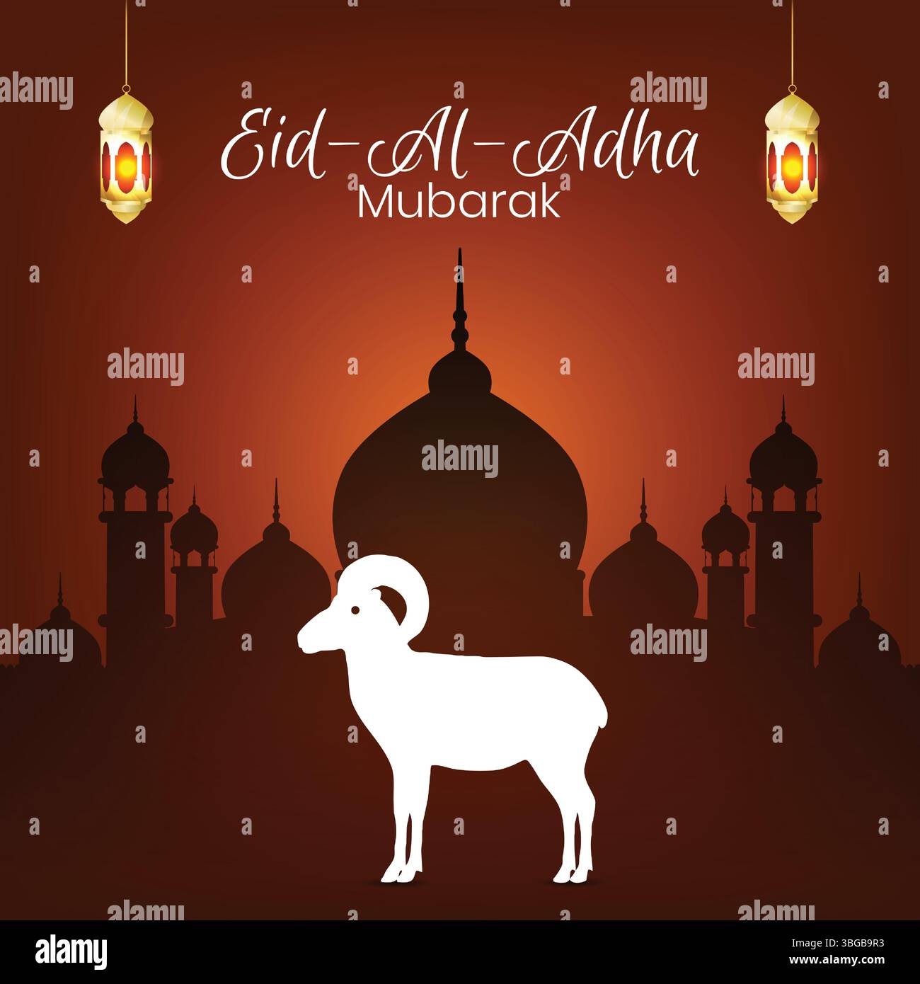EID al Adha mubarak, uno striscione per festeggiare un festival musulmano, una capra e una moschea, arte design Illustrazione Vettoriale