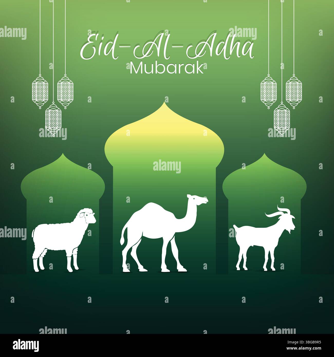 EID al-Adha Mubarak Banner, con cammello, capra e pecore, una festa islamica, sfondo verde Illustrazione Vettoriale