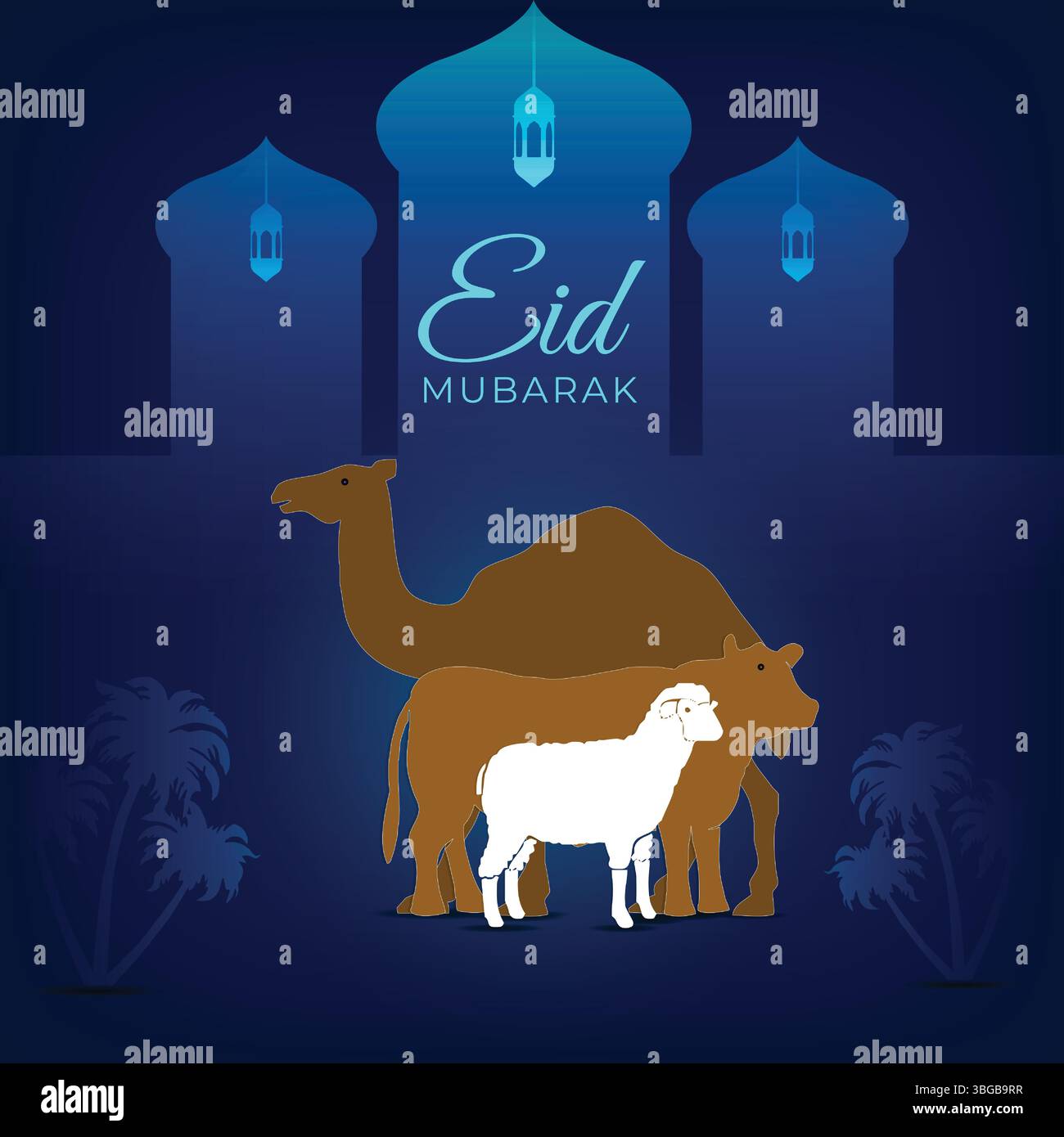 Poster EID al Adha, uno striscione per festeggiare il festival musulmano, cammello, pecore, mucca Illustrazione Vettoriale