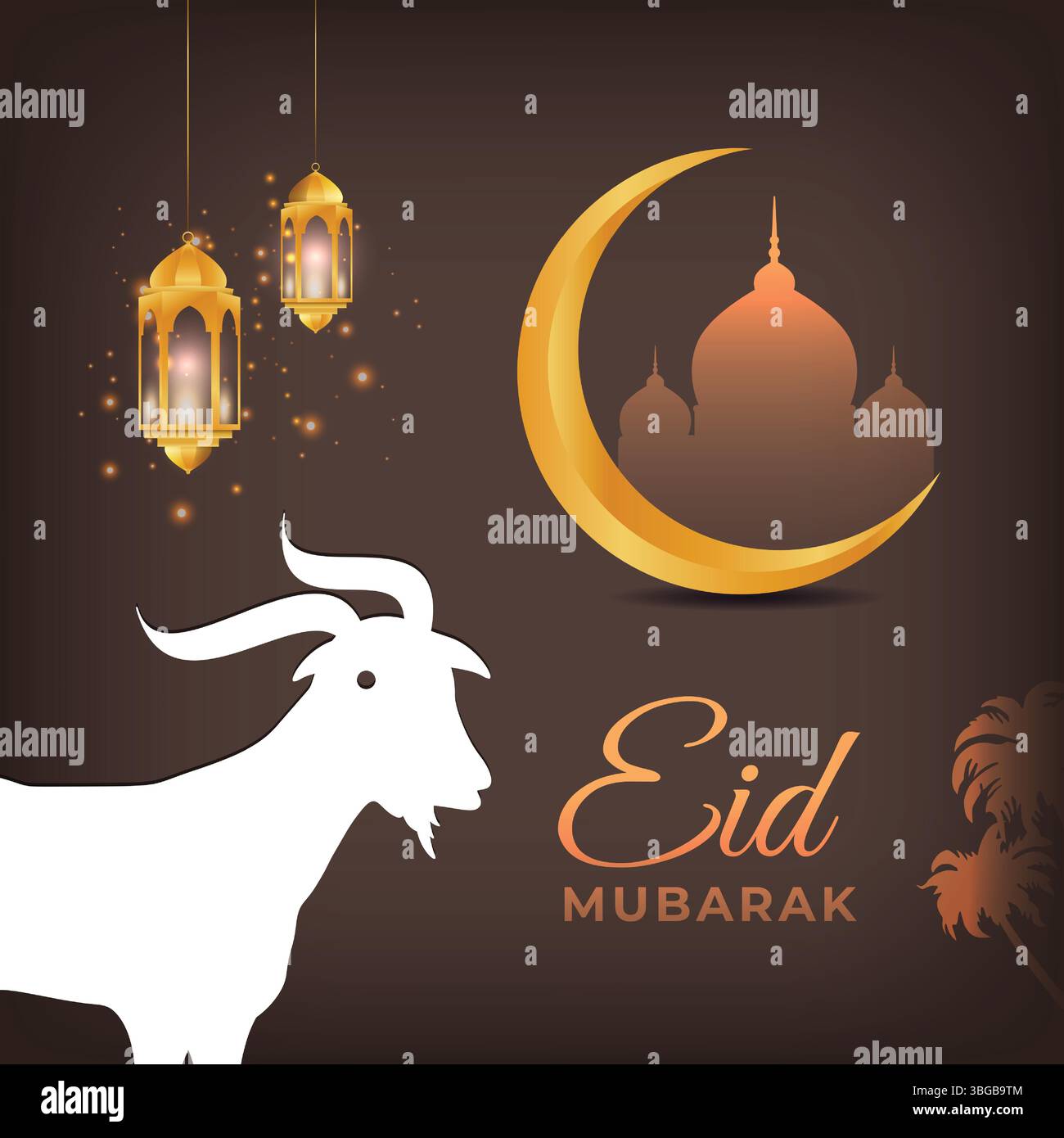EID al Adha mubarak celebrazione culturale del festival islamico, capra, moschea e design di arte lunare Illustrazione Vettoriale