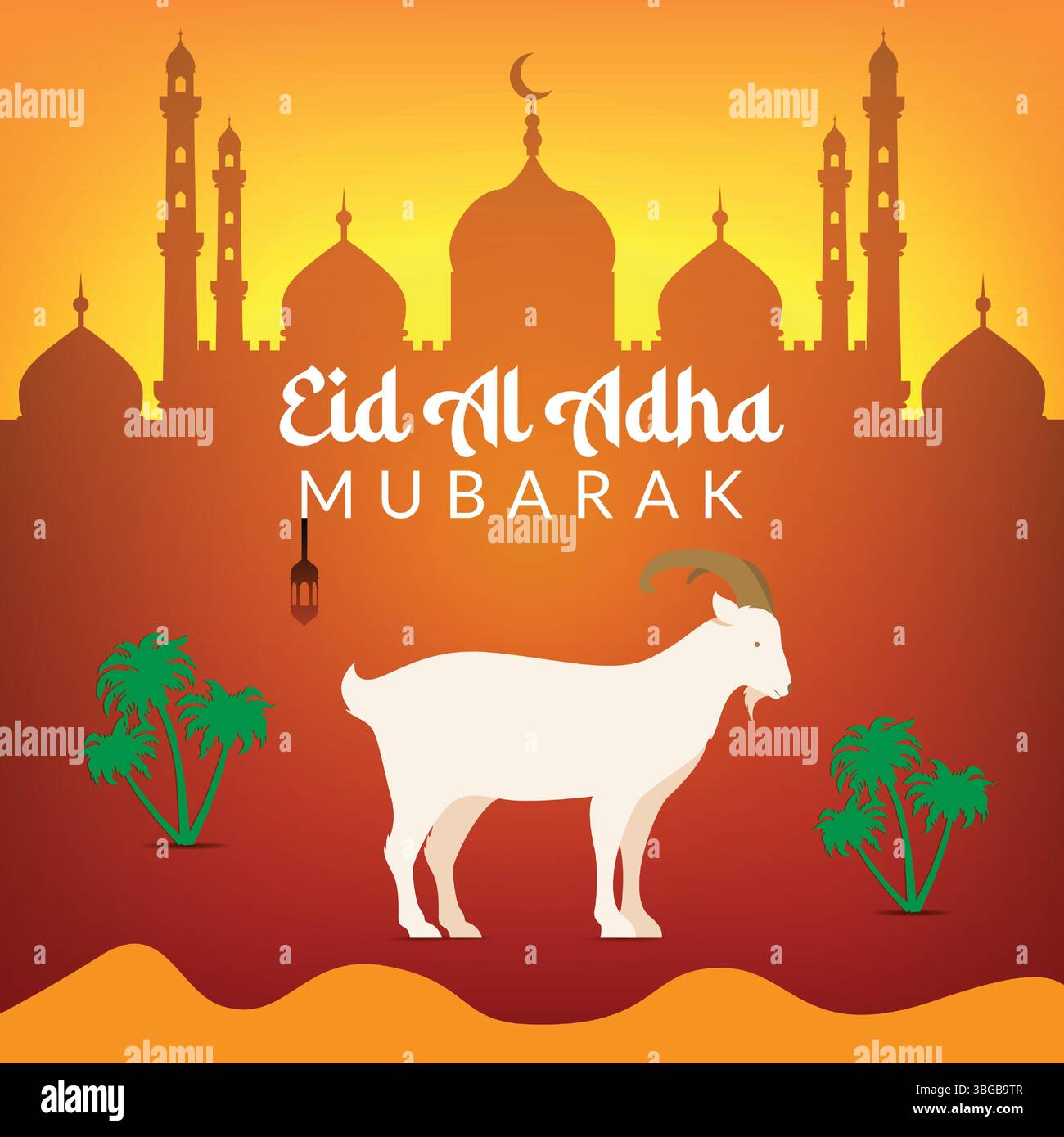 EID al Adha mubarak, uno striscione per festeggiare il festival musulmano, arte di capra e moschea Illustrazione Vettoriale