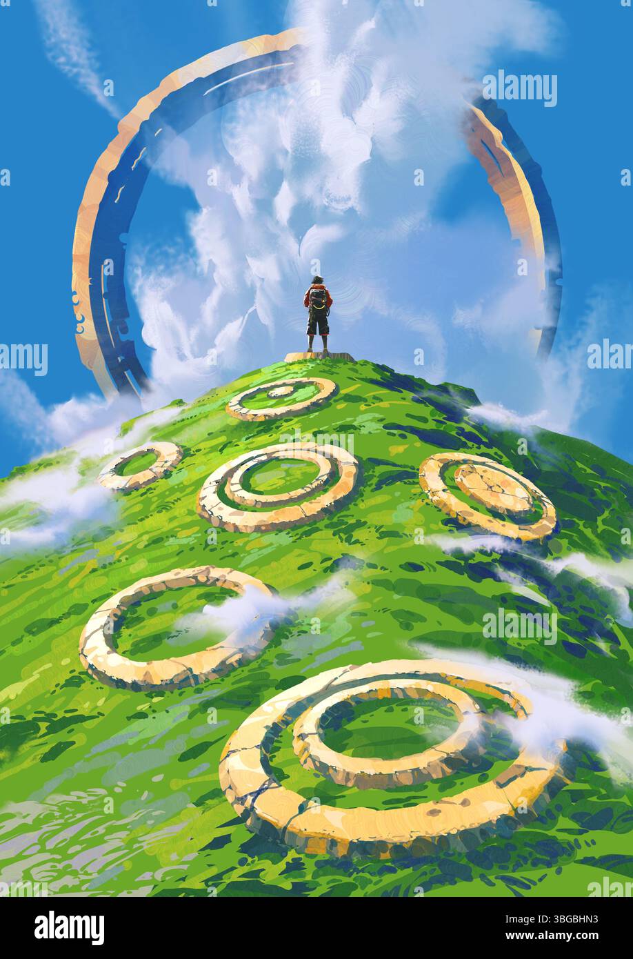 Un viaggiatore raggiunge la cima di una collina erbosa disseminata di antichi anelli di pietra, di fronte a un massiccio portale circolare che si apre attraverso le nuvole sopra, scavando Foto Stock
