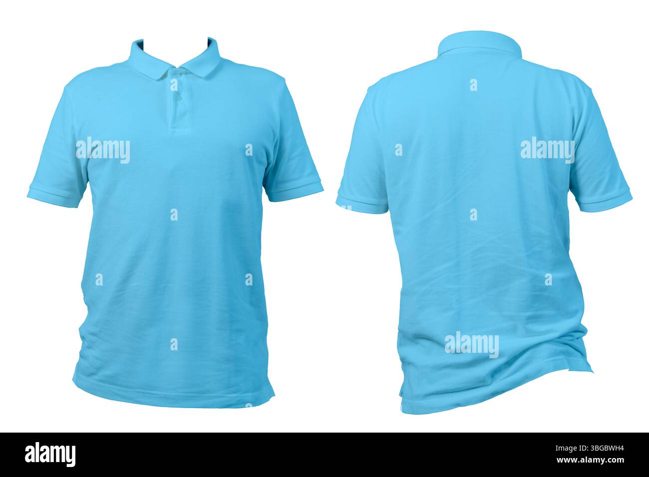 Polo blu semplice visualizzata dall'angolo anteriore e posteriore su sfondo bianco. Ideale per modelli di abbigliamento, modelli di branding e catalogo moda Foto Stock