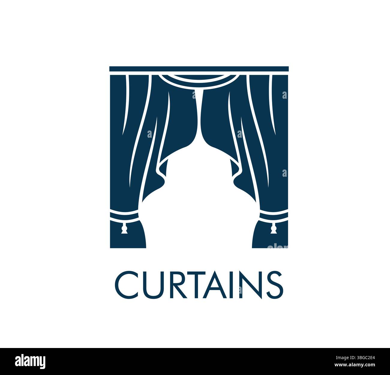 Icona del sipario per il teatro dell'opera o la sala concerti e spettacolo musicale, insegna vettoriale. Tenda con tende simbolo per interni e arredamento tessile, salone, spettacolo teatrale, opera o prima proiezione cinematografica Illustrazione Vettoriale
