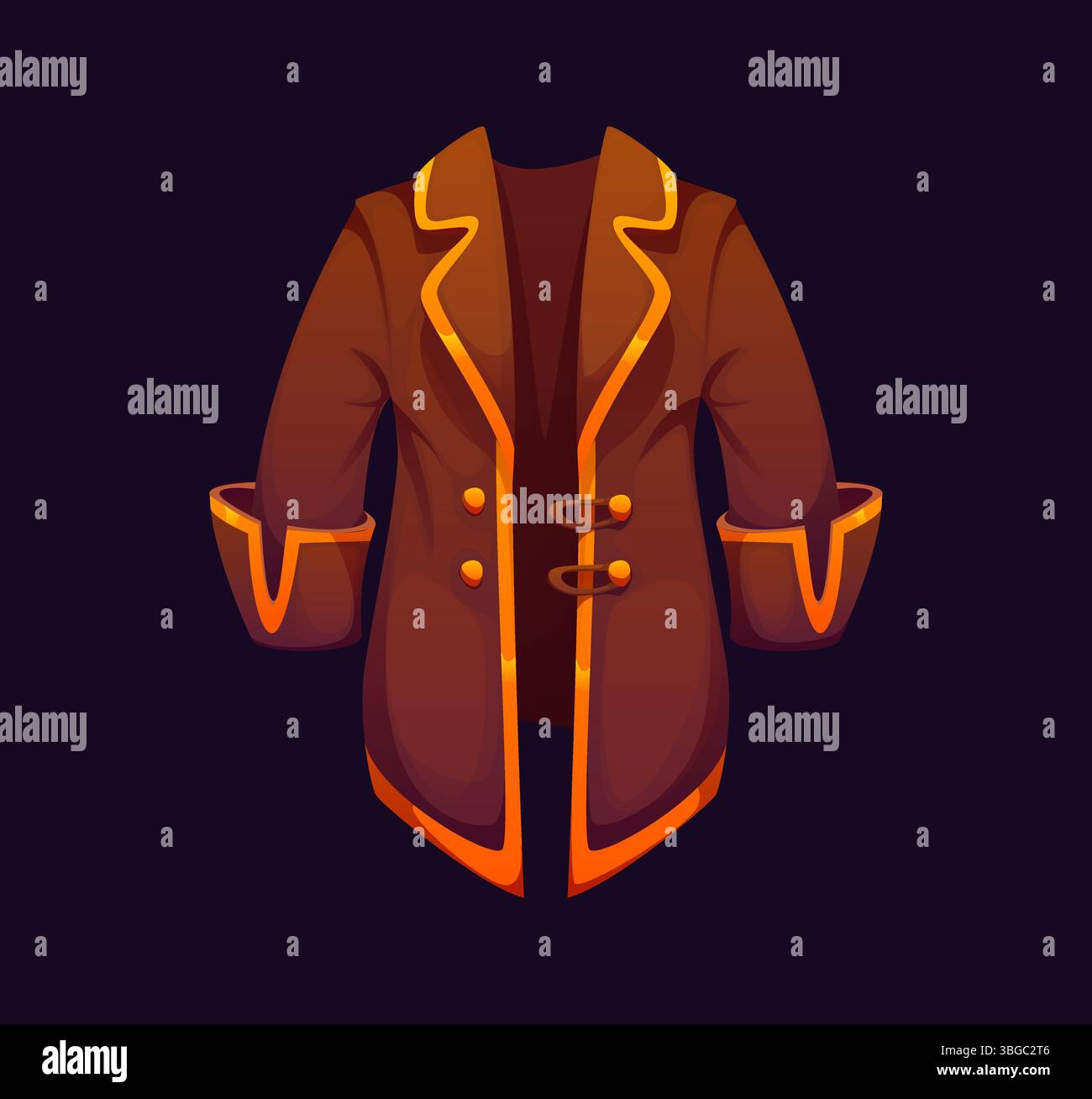 Cappotto pirata cartoni animati con finiture dorate, bottoni e ampi polsini arrotolati, icona di gioco. Giacca Vector corsair marrone che evoca avventura fantasy, ribellione e stile marinaro, costume o tuta filibuster Illustrazione Vettoriale
