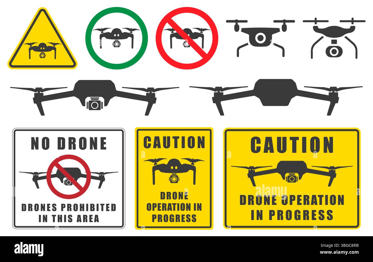 Attenzione funzionamento del drone in corso. Simbolo dell'icona di volo Quadcopter. Drone pericolo fpv copter con Action camera. Riprese di foto e video. Immagine vettoriale Illustrazione Vettoriale