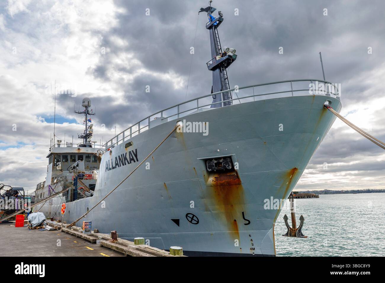 Auckland, nuova Zelanda, 3 giugno 2025. L'Allankay, un peschereccio della Patagonia trasformato in una nave per la conservazione marina per il Pastore del Mare Foto Stock