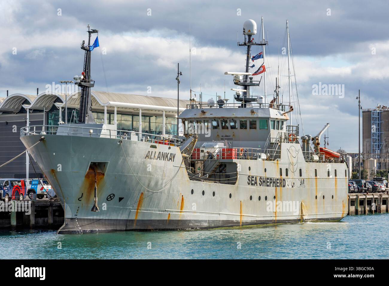Auckland, nuova Zelanda, 3 giugno 2025. L'Allankay, un peschereccio della Patagonia trasformato in una nave per la conservazione marina per il Pastore del Mare Foto Stock