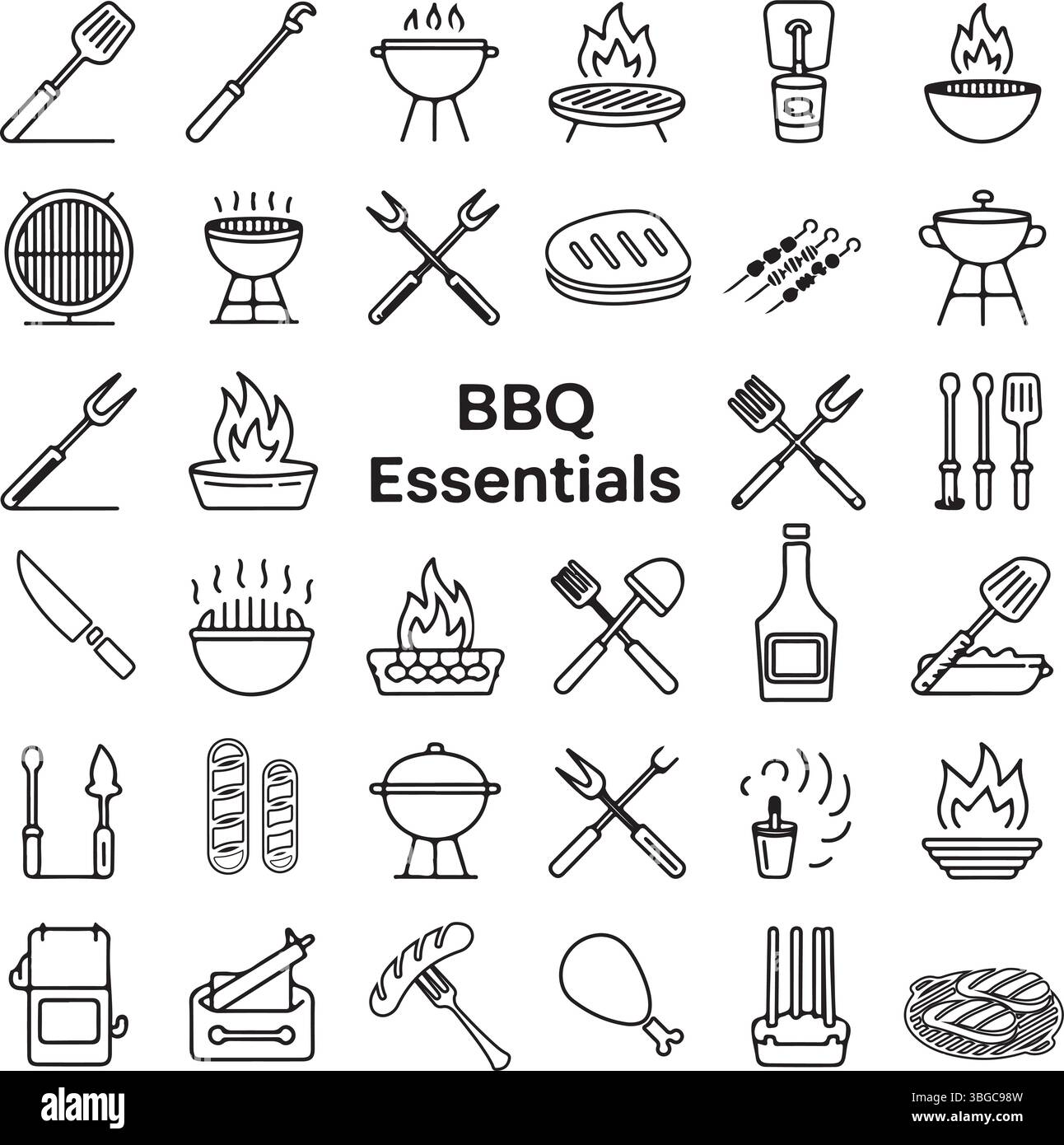 Set icone BBQ Essentials: Strumenti per grigliare, alimenti ed elementi antincendio Illustrazione Vettoriale