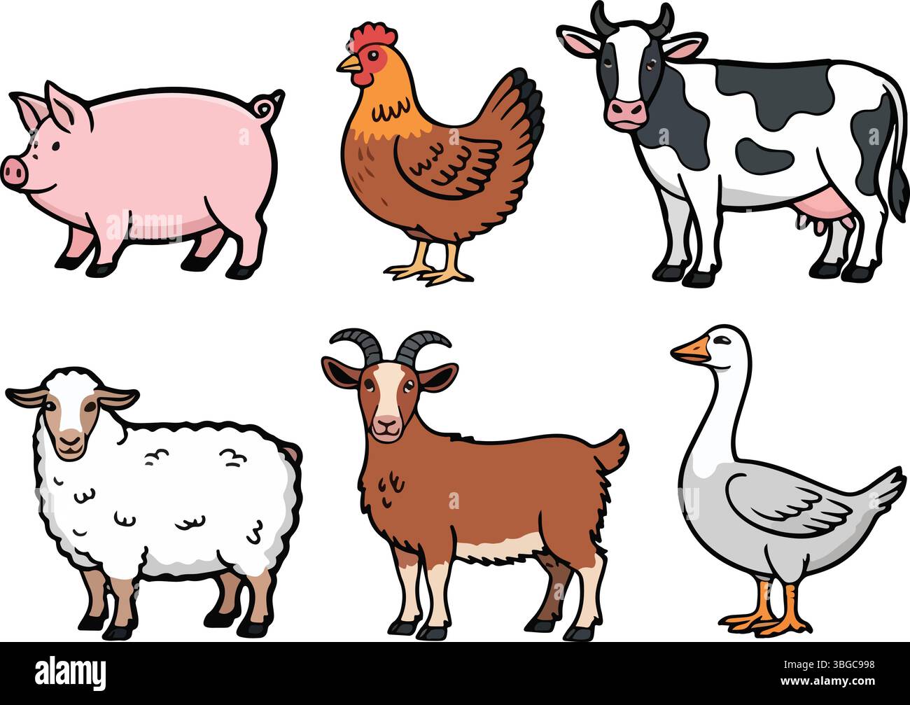 Set Clipart animali da fattoria: Maiale di cartoni animati, mucca, pollo, capra, pecora e oca Illustrazione Vettoriale