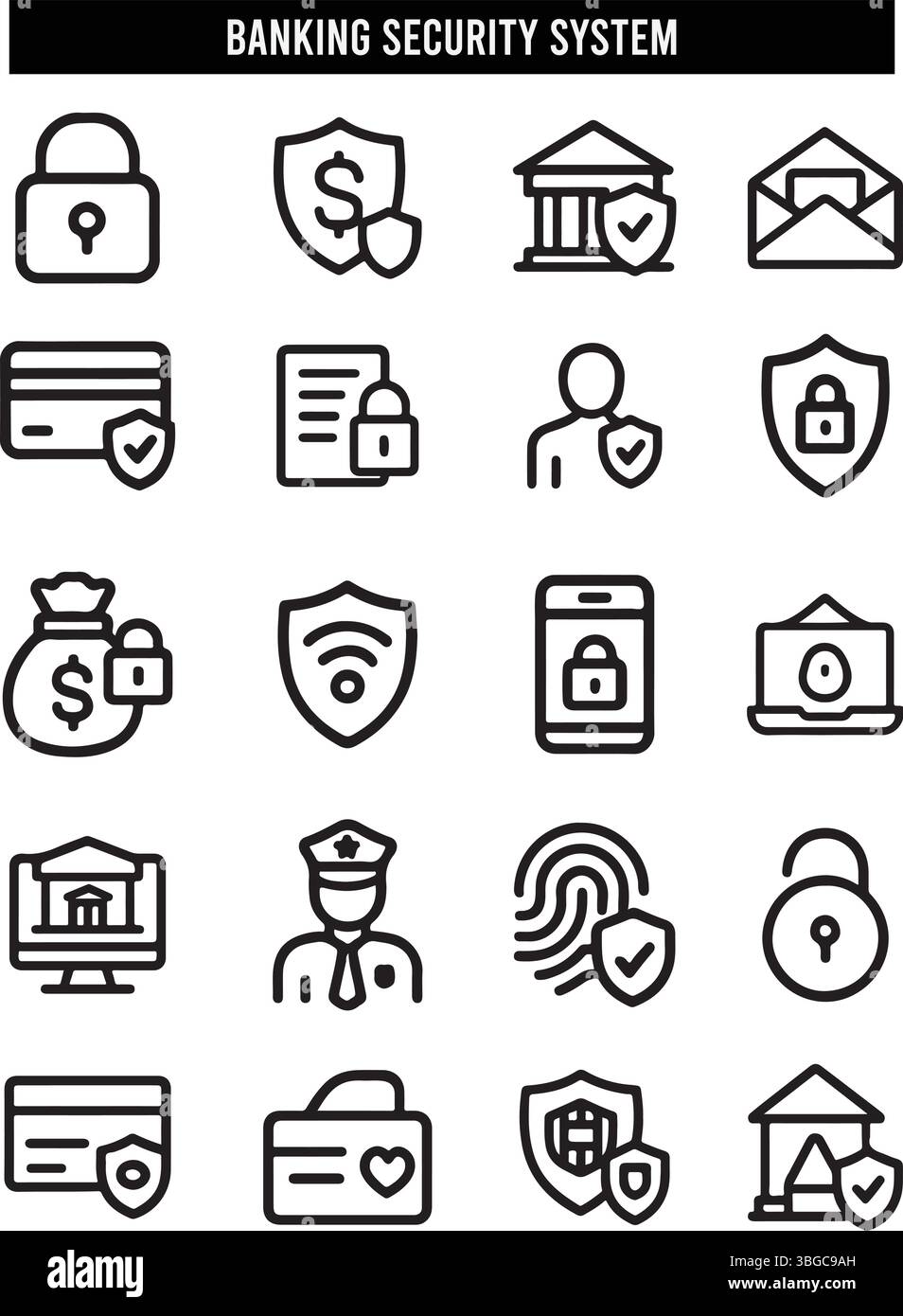 Set di icone di sicurezza bancaria: Protezione finanziaria, sicurezza informatica, simboli di sicurezza dei dati Illustrazione Vettoriale