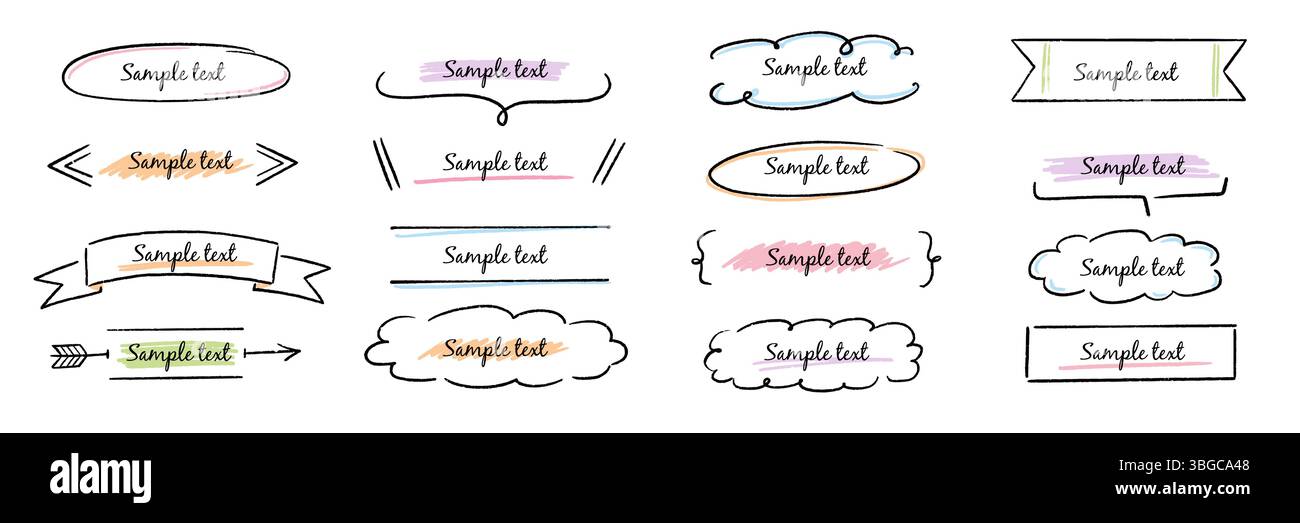 Set di banner per titoli per cornici disegnate a mano. Striscione disegnato a mano, elementi di forma per appunti per etichette con linee a nastro. Titolo della casella di testo tratto da un pennarello dal design accattivante, decorazione del titolo. Illustrazione vettoriale Illustrazione Vettoriale