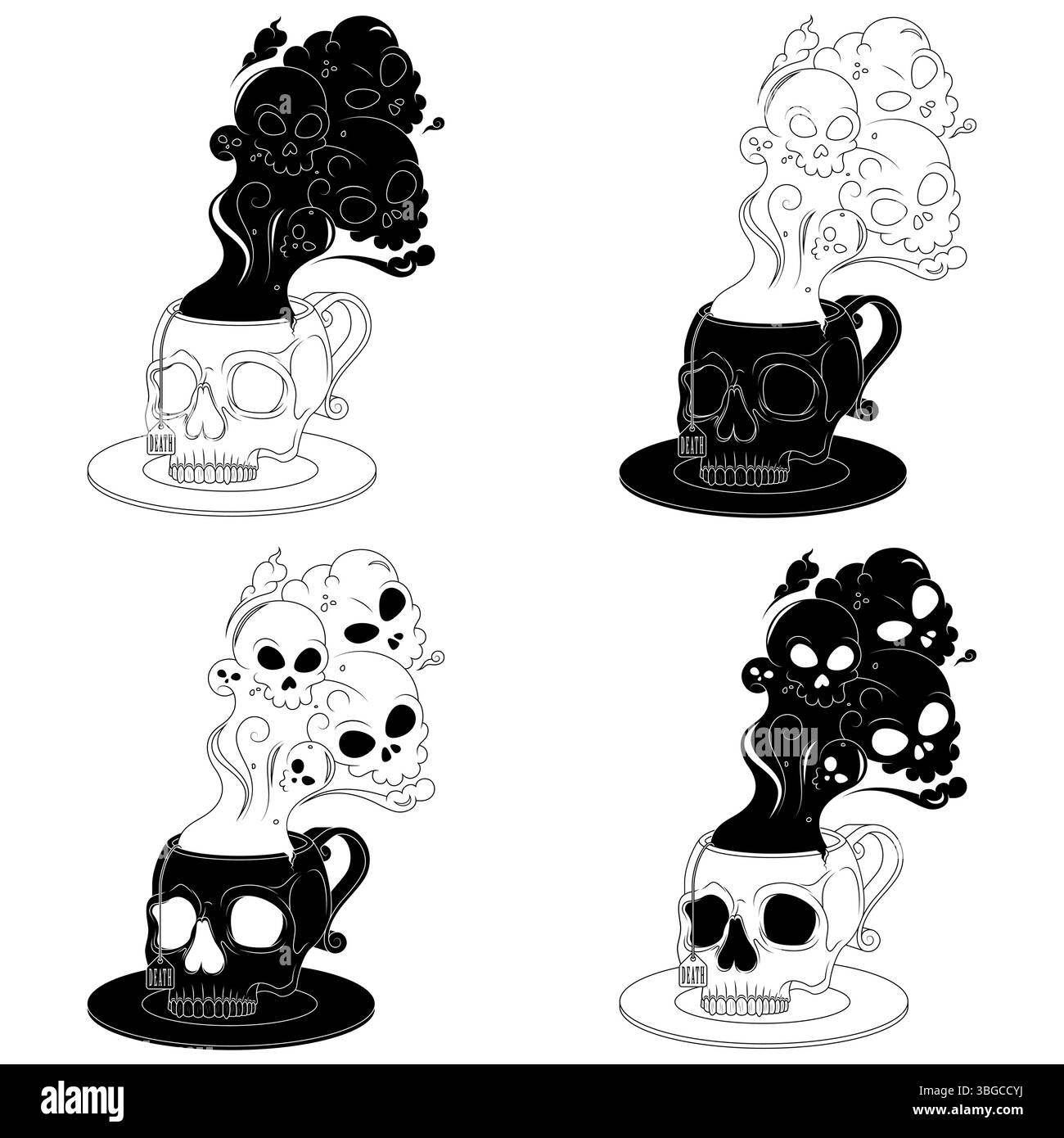Tazza da tè in porcellana a forma di teschio umano, tazza da caffè a forma di teschio e il suo piattino, tazza demoniaca con fumo tossico della morte Illustrazione Vettoriale