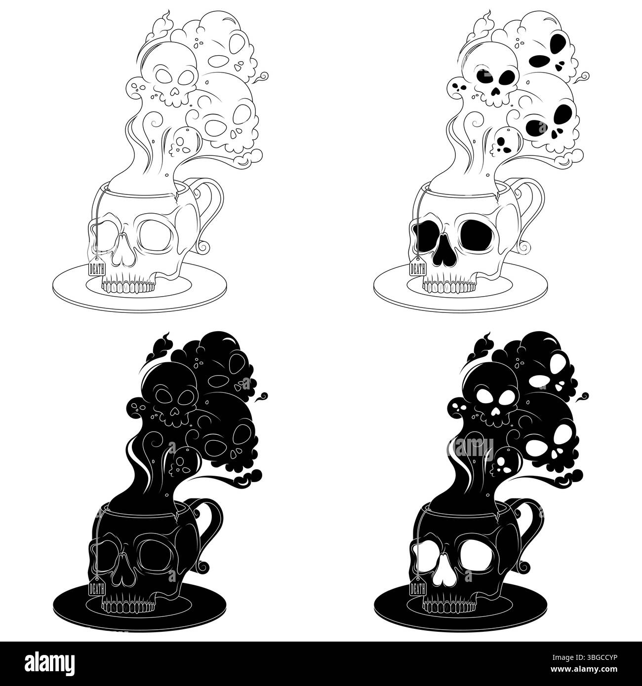 Tazza da tè in porcellana a forma di teschio umano, tazza da caffè a forma di teschio e il suo piattino, tazza demoniaca con fumo tossico della morte Illustrazione Vettoriale