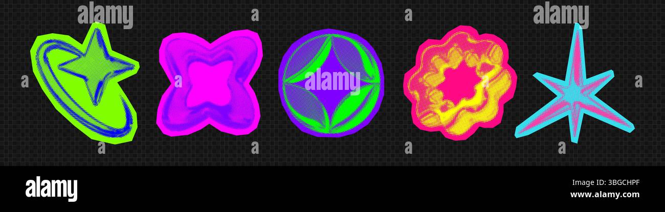 Colori al neon punk 3d Y2K cromo chiaro mezzitoni forma a stelle retrò, set di adesivi per illustrazioni vettoriali astratte. Illustrazione Vettoriale