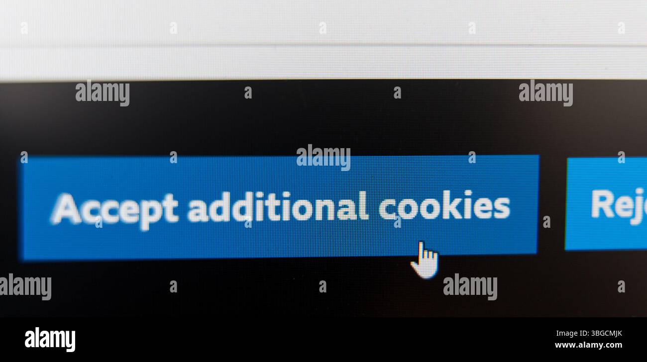 Primo piano del banner di un sito Web con il cursore che passa sopra il pulsante Accetta cookie aggiuntivi. Foto di alta qualità Foto Stock