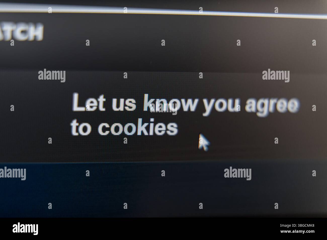 Primo piano di un messaggio del sito Web che richiede il consenso per i cookie con un cursore che indica il testo. Foto di alta qualità Foto Stock