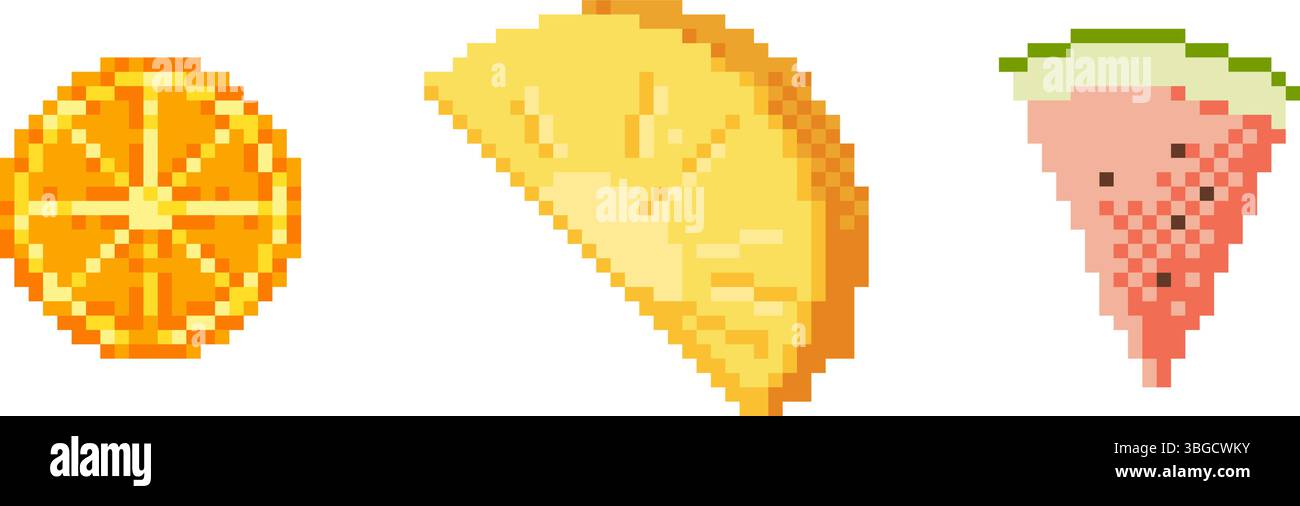 Set di fette di frutta tropicale in stile pixel art. Comprende anguria, ananas e agrumi. Perfetto per temi estivi, menu, giochi o contenuti digitali Illustrazione Vettoriale