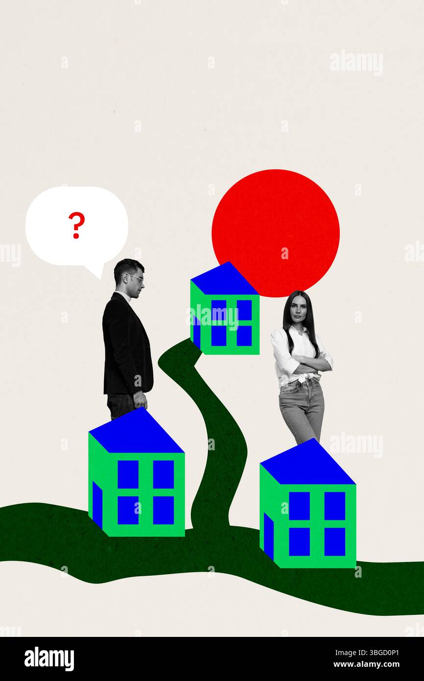Modello di collage 3D grafica di tendenza schizzo di famiglia giovane uomo donna conversazione senzatetto proprietà trasferimento immobiliare mutui immobiliare Foto Stock