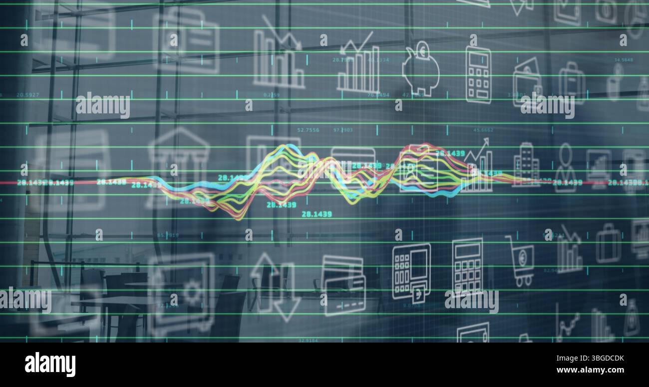 Immagine di grafici e icone finanziarie su sfondo grigio Foto Stock