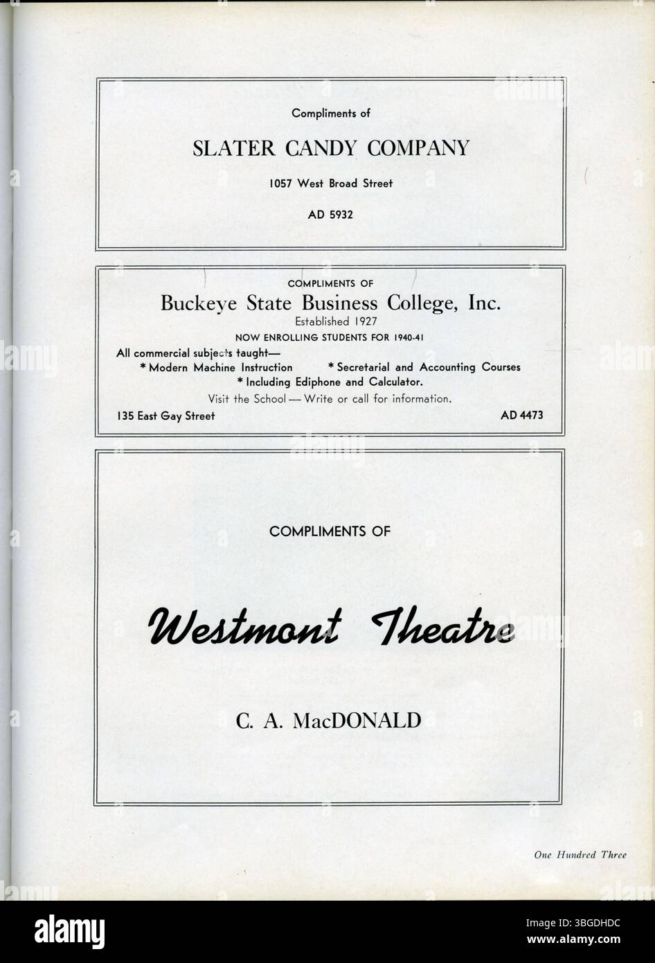 Pagina 107 dell'annuario del 1940 della West High School, "The 1940 Occident", include foto di gruppo, ritratti di studenti e momenti salienti degli eventi scolastici chiave dell'anno. Questa pagina è un'istantanea della storia e della cultura della scuola durante gli anni '1940 Foto Stock