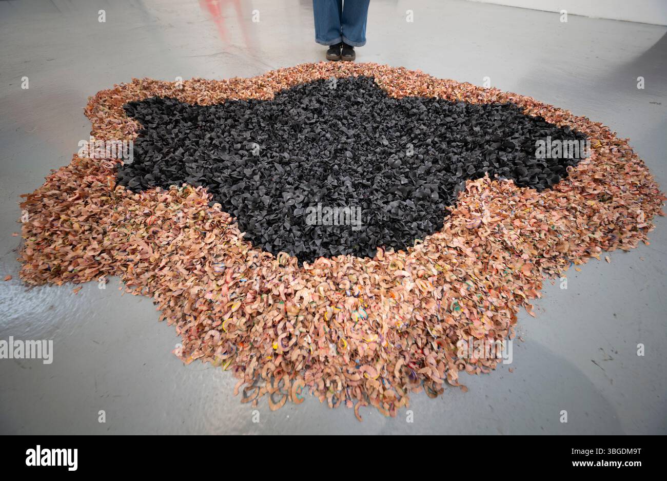 Elizabeth Xi Bauer Gallery, Deptford, Londra, Regno Unito. 5 giugno 2025. La mostra Chants di Thiago Barbalho esplora le intersezioni tra linguaggio visivo e tecnologia ancestrale, intrecciando storia personale, cultura di massa, pratica spirituale e indagine filosofica. Attingendo da una ricca gamma di influenze, l'artista brasiliano trasforma l'esperienza in complesse composizioni visive che mettono in discussione i confini della scrittura, della comunicazione e della scala. Immagine: Debris Nest Pond, 2025. Rasature a matita (2000 matite). Crediti: Malcolm Park/Alamy Live News Foto Stock